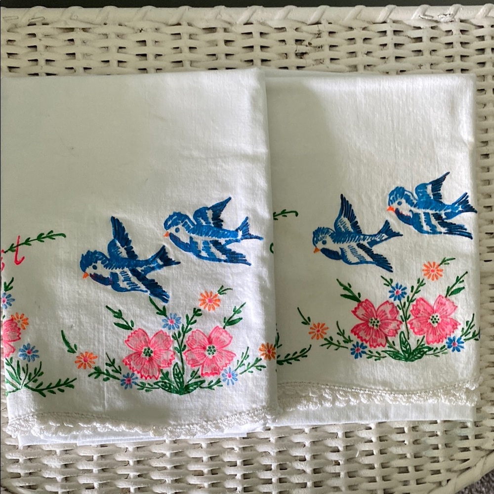Vintage Pair Of Fabric Painted Bluebird Of Happiness Pillow Cases!
